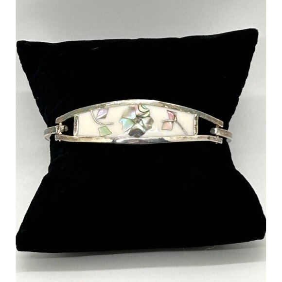Vintage Taxco MX Silver-Tone & Abalone Inlay Cuff Bracelet Size 6.5 - Picture 3 of 9
